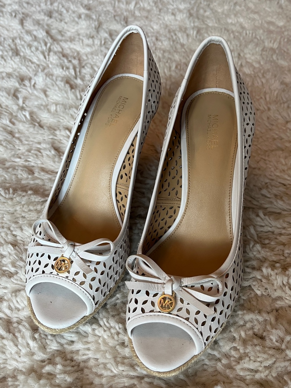 Michael Kors White Perforated Peep-Toe Wedges with Gold MK Charm